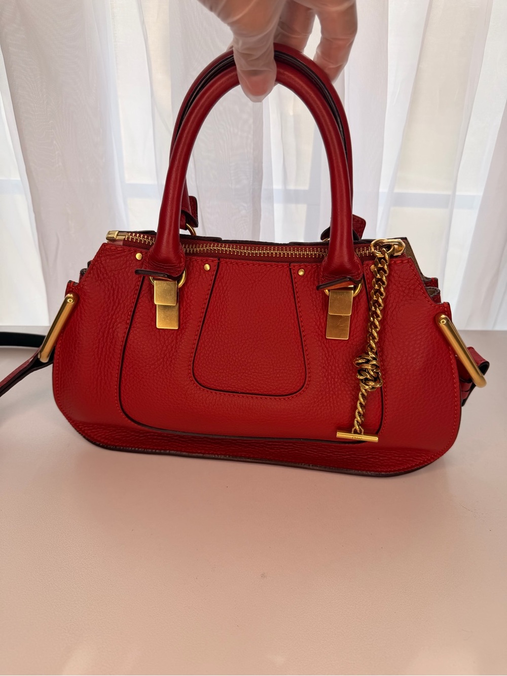 Chloé Red Pebbled Leather Baylee Medium Satchel Bag with Gold Hardware